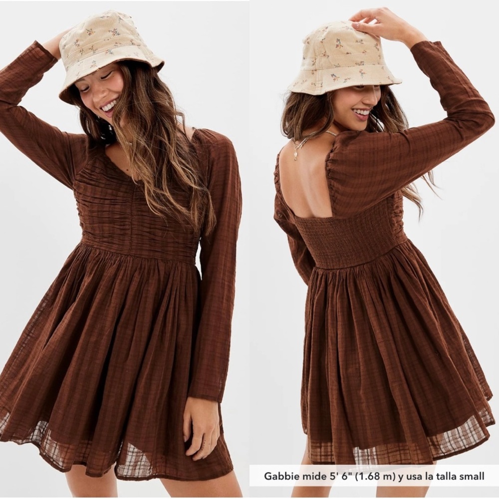 AE Ruched Long-Sleeve Mini Dress in Brown - S